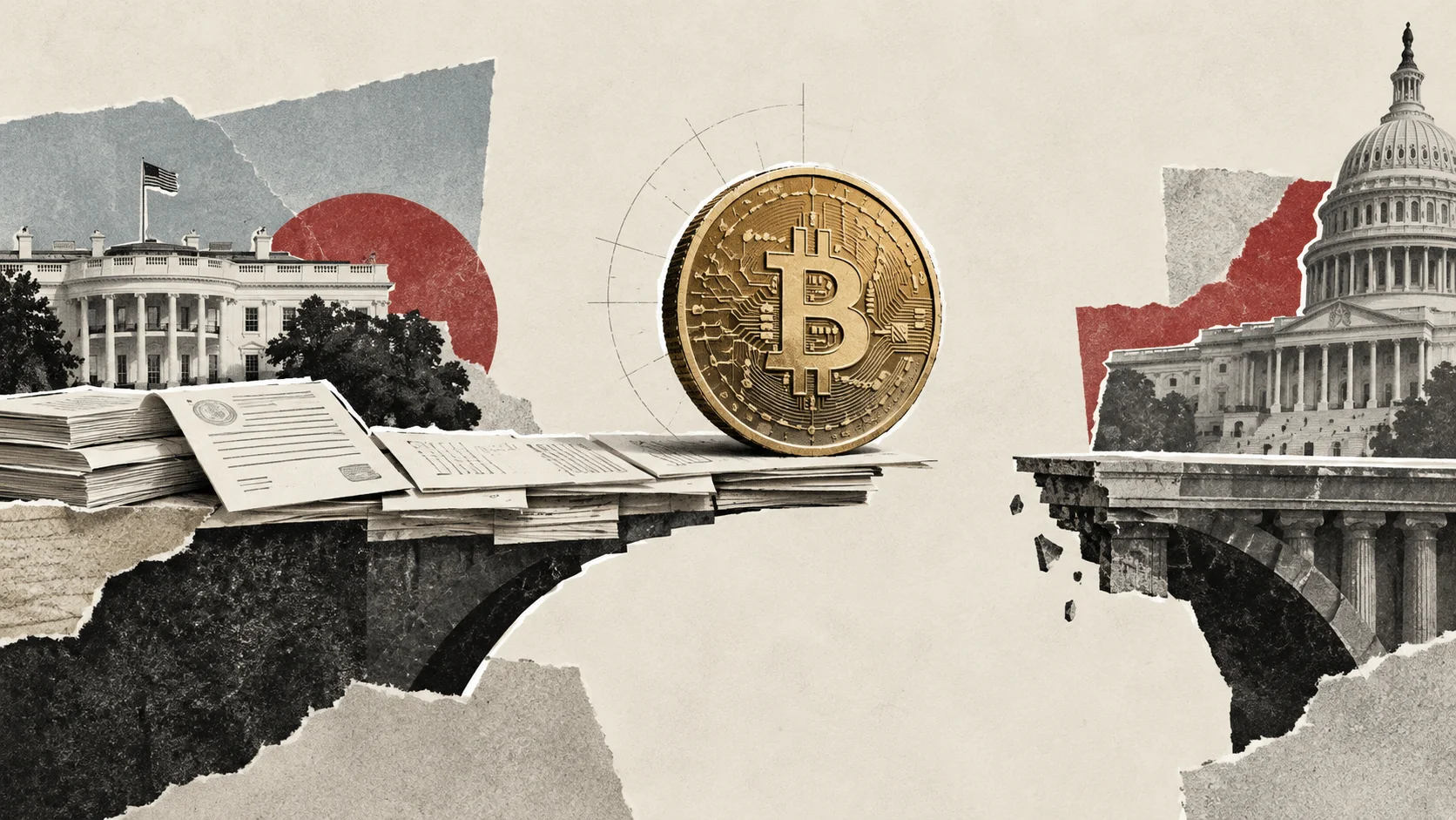 Collage conceptual que muestra una moneda de Bitcoin sobre un puente roto de documentos entre la Casa Blanca y el Capitolio de EE. UU.
