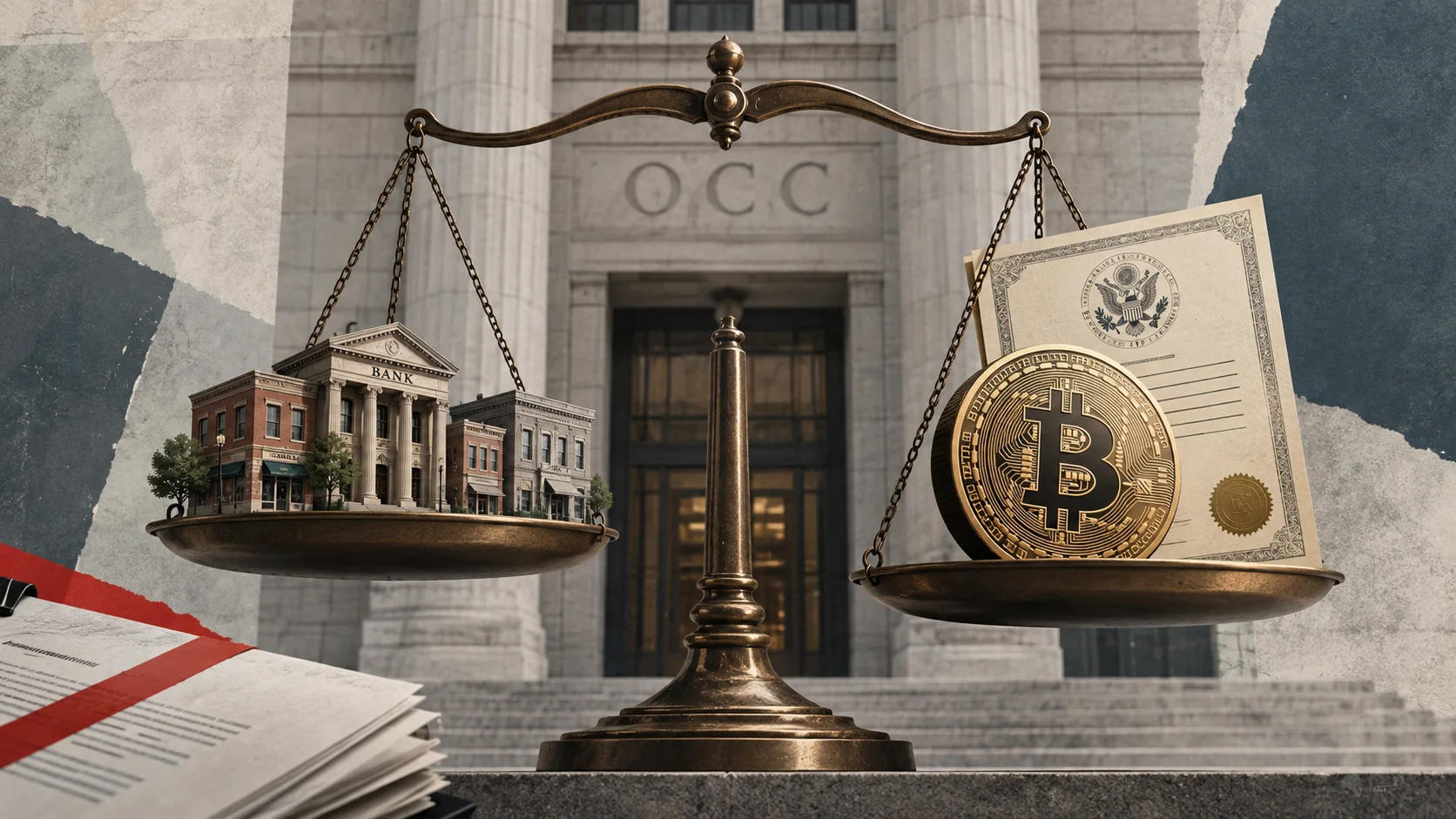 The scales of justice set community banks and crypto companies against each other before the OCC.