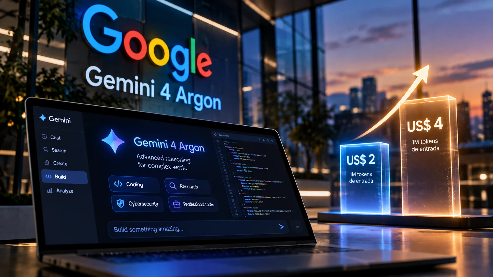 Representation of Gemini 4 Argon on a laptop, with a chart illustrating the API increase from US$ 2 to US$ 4 per million input tokens.